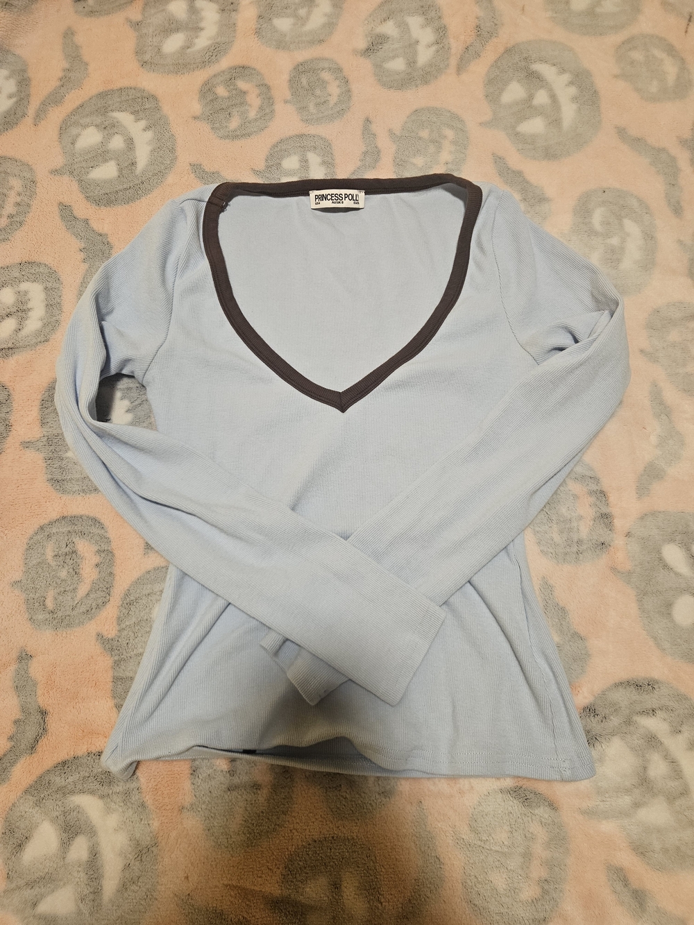 Princess Polly Pale Blue Long Sleeve V-Neck Top with Dark Trim